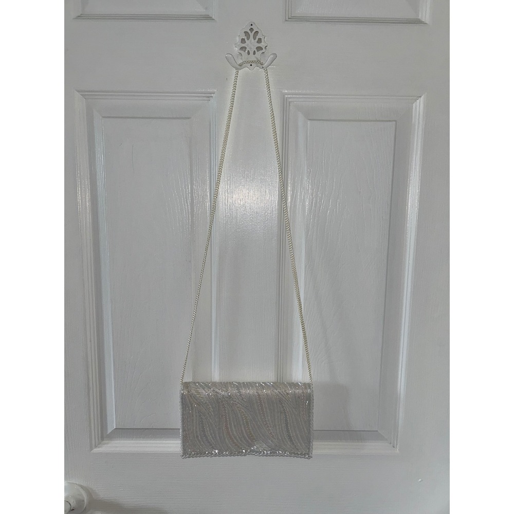 Genie Vintage White Beaded Evening Clutch Bag Iridescent Formal Shoulder Bag